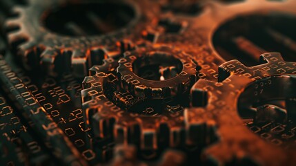 Rust programming language concept with rusty gears emerging from the dark, symbolizing robust and efficient system-level programming.