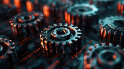 Wall Mural - rust programming language concept with rusty gears emerging from the dark, symbolizing robust and ef