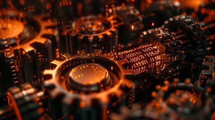 Wall Mural - rust programming language concept with rusty gears emerging from the dark, symbolizing robust and ef