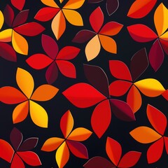 a modern abstract floral pattern, featuring geometric flower shapes in bold reds, oranges, and yello