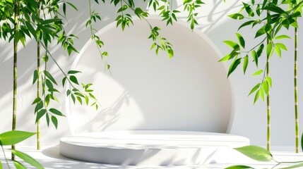 White podium with bamboo and green leaves, perfect for showcasing beauty products in a nature-inspired setting