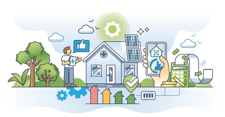 Sticker - Home energy green audits with cost efficiency calculations outline concept, transparent background. House insulation, electricity usage.