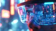 © bajita111122 - A close-up of a human face wearing augmented reality glasses, concentrating, viewed from a front angle, in a futuristic urban setting