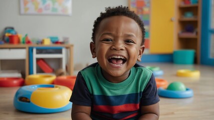 Poster - child toddler african boy hysterical laughing smiling happy portrait in kinder classroom background with copy space