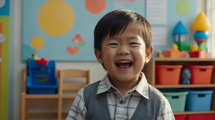 Poster - child toddler asian boy hysterical laughing smiling happy portrait in kinder classroom background with copy space