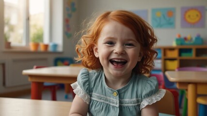 Poster - child toddler redhead girl hysterical laughing smiling happy portrait in kinder classroom background with copy space