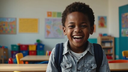 Poster - young african kid boy hysterical laughing smiling happy portrait in kinder classroom background with copy space