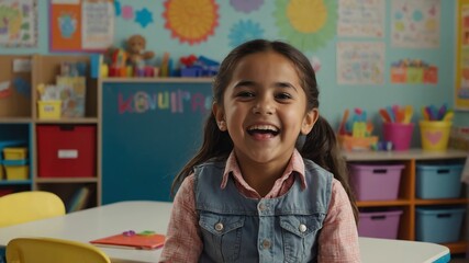 Poster - young hispanic kid girl hysterical laughing smiling happy portrait in kinder classroom background with copy space