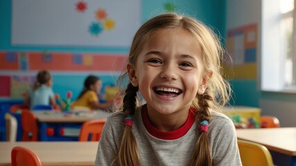 Poster - young kid girl hysterical laughing smiling happy portrait in kinder classroom background with copy space