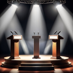 stage with spotlight and lights, debate or speech stage , business speaker public presentation, TV show, microphone