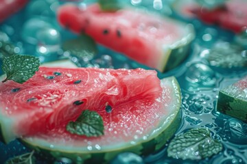 Wall Mural - Refreshing close-up of watermelon slices with mint leaves on a vibrant blue background