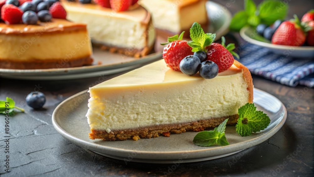 Rebanada de cheesecake decorada con fresas y arándanos, servida en un ...