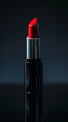 A single red lipstick tube stands upright against a dark background, creating a dramatic and elegant image.