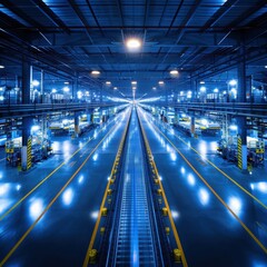 Poster - Futuristic, illuminated manufacturing plant with advanced technology and industrial equipment, showcasing a modern production facility.