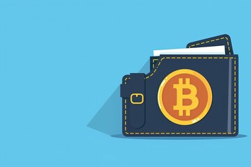 Poster - Digital wallet illustration with Bitcoin symbol on blue background, representing cryptocurrency storage and online transactions.
