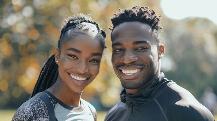 For happiness, health, and fitness, fitness pair runs and does cardio outside. Asian man and black woman preparing to workout in nature.