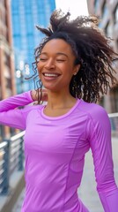 Wall Mural - Woman exercising in city with music earphones or body stretching for health or muscular discomfort. Smile, portrait, or sports runner warming up and motivating radio