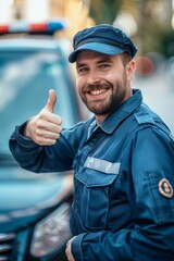 Wall Mural - Guard, thumbs up, and safety officer on the street for protection, patrol, and watch. Happy crime prevention dude worker in city uniform for good service