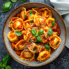 Wall Mural - delicious italian tortellini pasta with tomato sauce and fresh basil in a rustic ceramic bowl. mouth