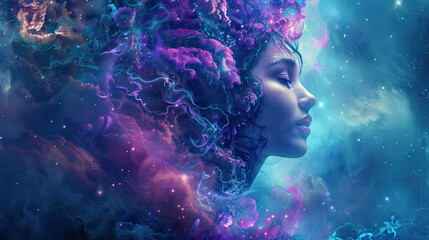 Wall Mural - A woman's profile is surrounded by clouds of swirling blue and pink with stars in the background
