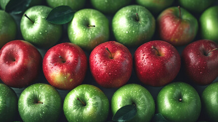 Wall Mural - Bright Green and Red Apples Arranged in Rows, Close-Up View. Vibrant Fresh Fruit with Water Droplets. High-Resolution Food Photography Perfect for Marketing, Blogs, and Health Articles. AI