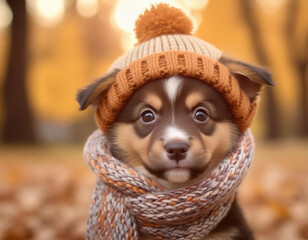 Wall Mural - Cute puppy wearing a cozy hat and scarf in front of an autumnal backdrop