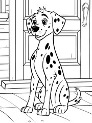 Coloring book. Dalmatian dog sits on the porch of the house. Generative ai vector.