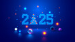 © AndSus - 2025 digits, Christmas tree consist glowing pixels in technology style on blue background. New Year card or digital tech calendar poster. Logo of 2025 year hanging over reflection polished surface.