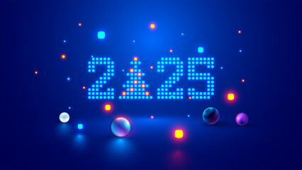 Aufkleber - 2025 digits, Christmas tree consist glowing pixels in technology style on blue background. New Year card or digital tech calendar poster. Logo of 2025 year hanging over reflection polished surface.