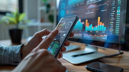 Canvas Print - A person is using a cell phone to look at a computer monitor with graphs