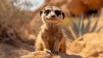 Wall Mural - Close-Up of a Curious Meerkat in its Natural Habitat, Standing on a Rock with a Desert Background, Capturing the Essence of Wildlife and Nature in a Stunning High-Resolution Photograph