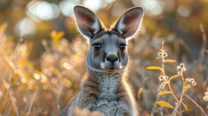 Wall Mural - Close-Up Portrait of a Curious Kangaroo in Natural Habitat with Soft Golden Light and Autumn Foliage