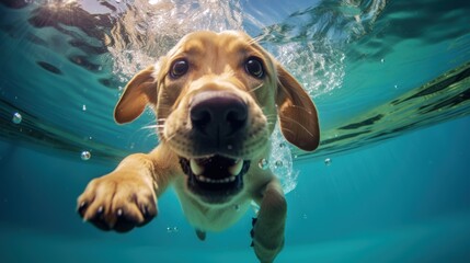 Wall Mural - Funny underwater picture of puppies in swimming pool playing deep dive action training game with family pets and popular dog breeds during summer holidays. recreation, relax, generate by AI