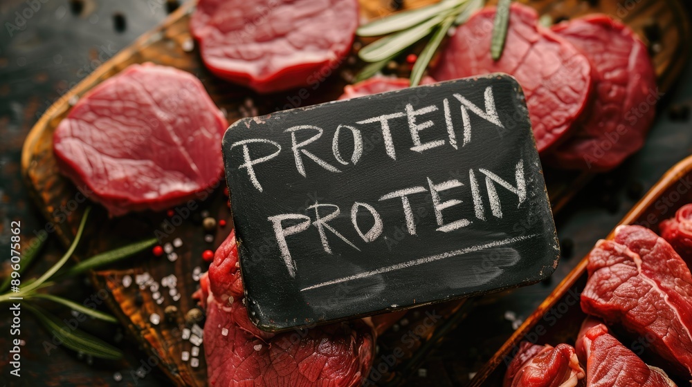 Protien Written Protein written on a chalkboard surrounded by protein rich red meat ...