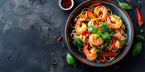 Wall Mural - Stir fry noodles with vegetables and shrimp in a bowl. Dark slate background.