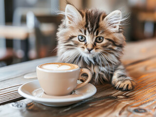 Wall Mural - A cute kitten is sitting on a wooden table next to a coffee cup