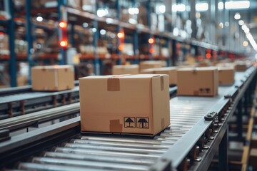 multiple cardboard boxes on conveyor belt in warehouse closeup ecommerce fulfillment delivery automa