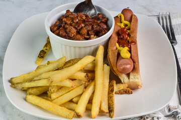 Wall Mural - hot dog  with chilli and fries