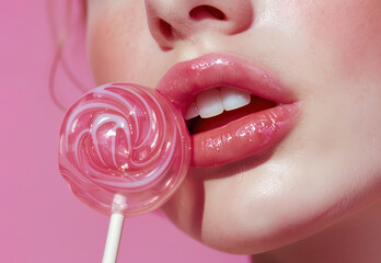 Beautiful and sensual female lips with lollipop