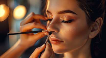 Poster - A makeup artist is applying pink lipstick to the model's face in front of her, while another woman paints the eyelashes with black eye shadow