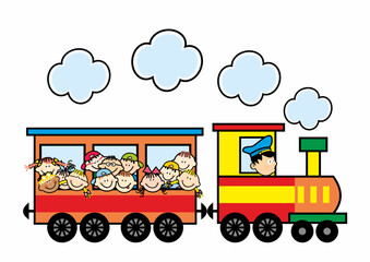 Wall Mural - Children ride a train, locomotive with wagon, railway, vector illustration, funny design, eps.