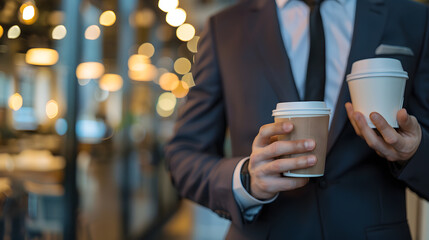 Businessman in a suit holding two coffee cups in a bustling environment.