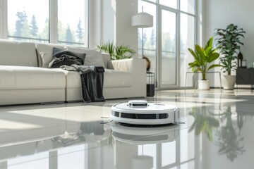 Wall Mural - Smart robot vacuum for automated cleaning in stylish white living room interior setting