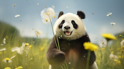 A mischievous panda bear playfully batting at a dandelion, its playful spirit bringing a smile to one's face