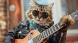 © Anna - A cat wearing sunglasses and a tiny leather jacket, playing a miniature guitar