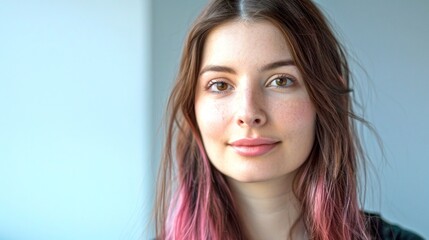 Poster - Portrait of a young woman with long hair, natural makeup, and a subtle smile. Perfect for lifestyle themes. 