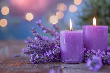 Wall Mural - Tranquil setting  lavender aromatherapy candles infuse fragrant ambiance on the table