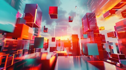 Aufkleber - Floating geometric shapes in a futuristic cityscape, 3D background, abstract urban