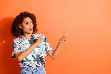 Sticker - Photo of unhappy girl feel worried look point finger empty space isolated bright color background