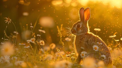 Sticker - Adorable Bunny in a Field of Daisies at Sunset - A cute bunny rabbit sits in a field of daisies, bathed in the warm glow of the setting sun. This image symbolizes innocence, tranquility, the beauty of